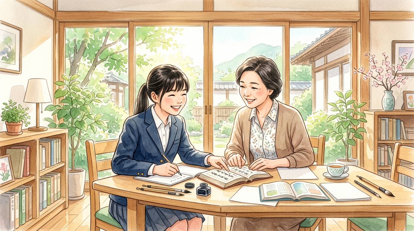 漢文の否定形をマスターして自信を持って試験に挑む生徒と講師のイラスト