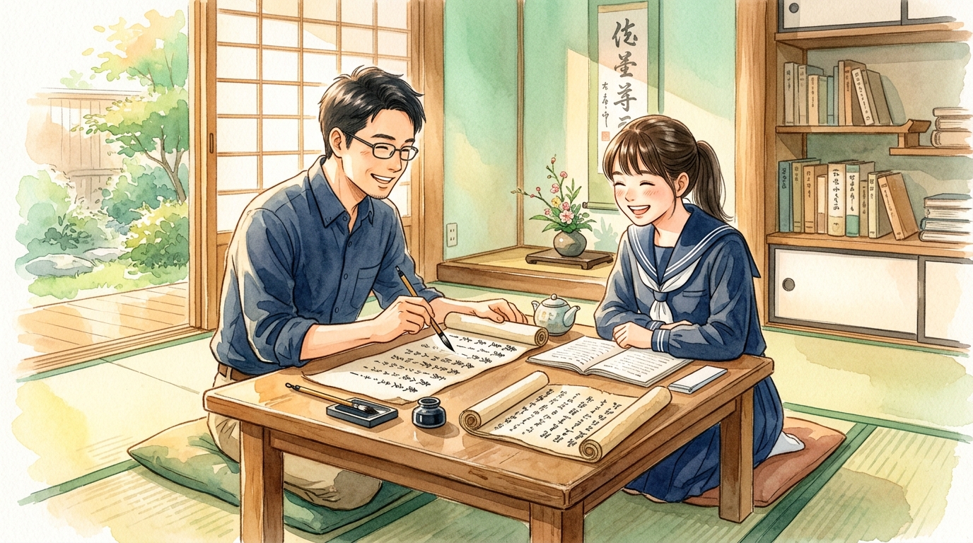 たく先生と高校生が漢文の使役形をマスターして自信を深める様子
