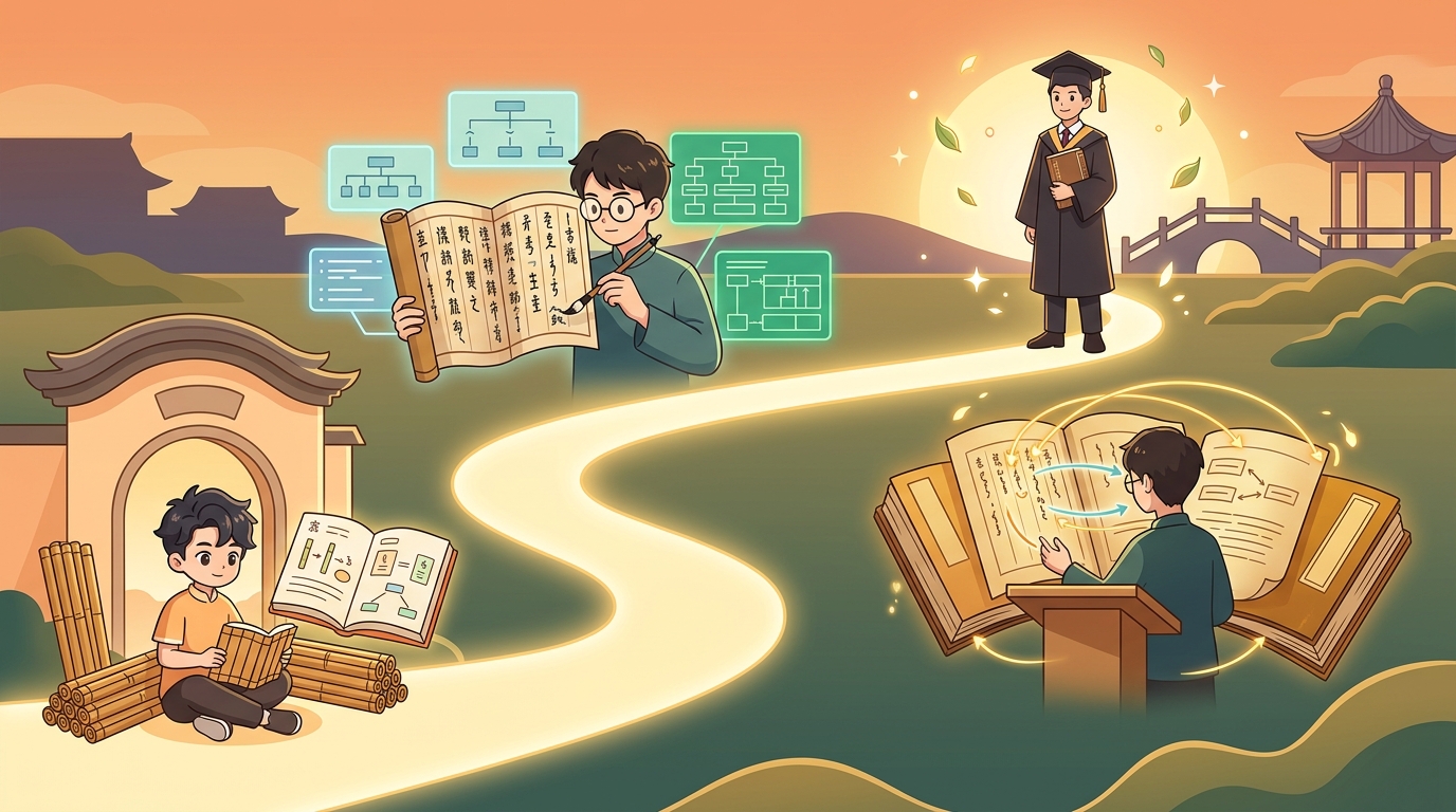 漢文をゼロからマスターする4段階の学習ロードマップとマイルストーンの図解イラスト