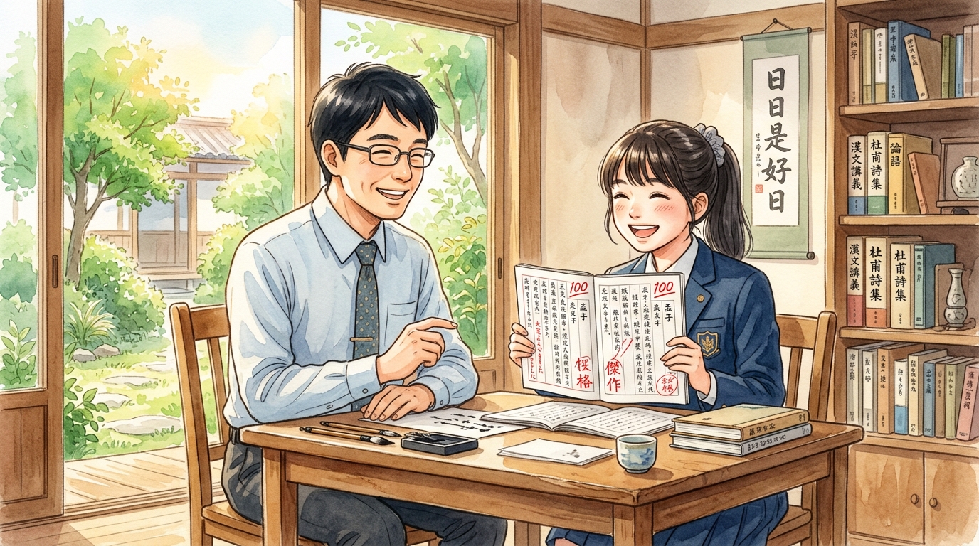 漢文の受身形をマスターして定期テストで満点を取った高校生とたく先生