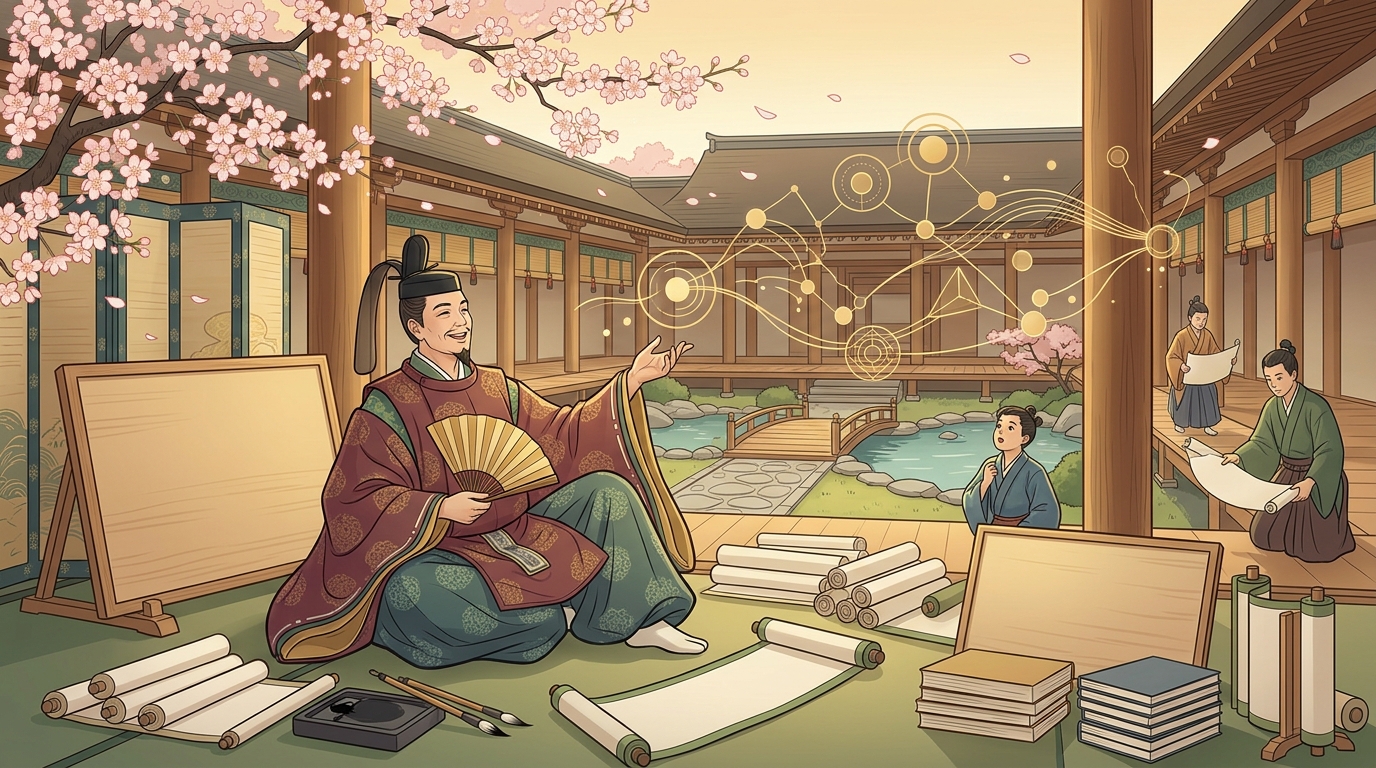 大鏡花山院の出家の学習を完遂し満点達成を祝う和風イラスト