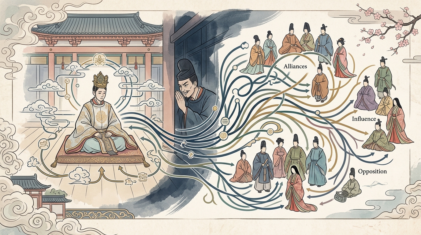 花山院の出家における登場人物の人間関係と藤原兼家道兼の権力構造図