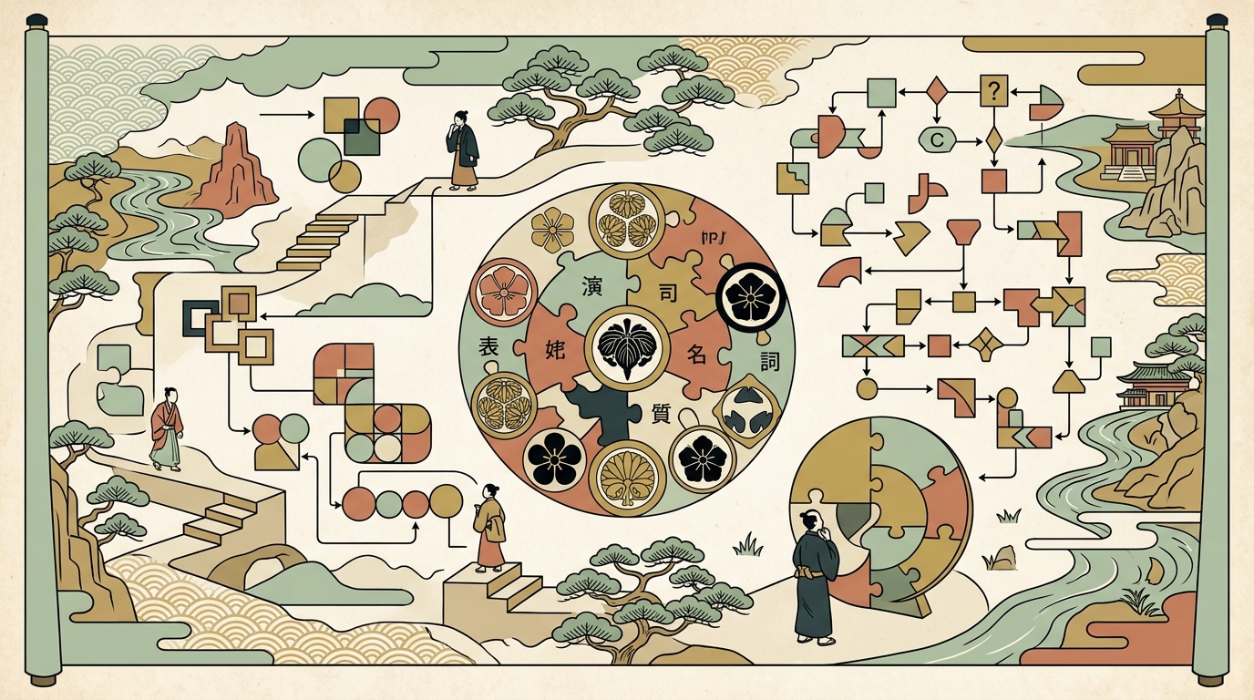 古文助動詞の活用と文法識別テストの思考パズルを表す和風イラスト