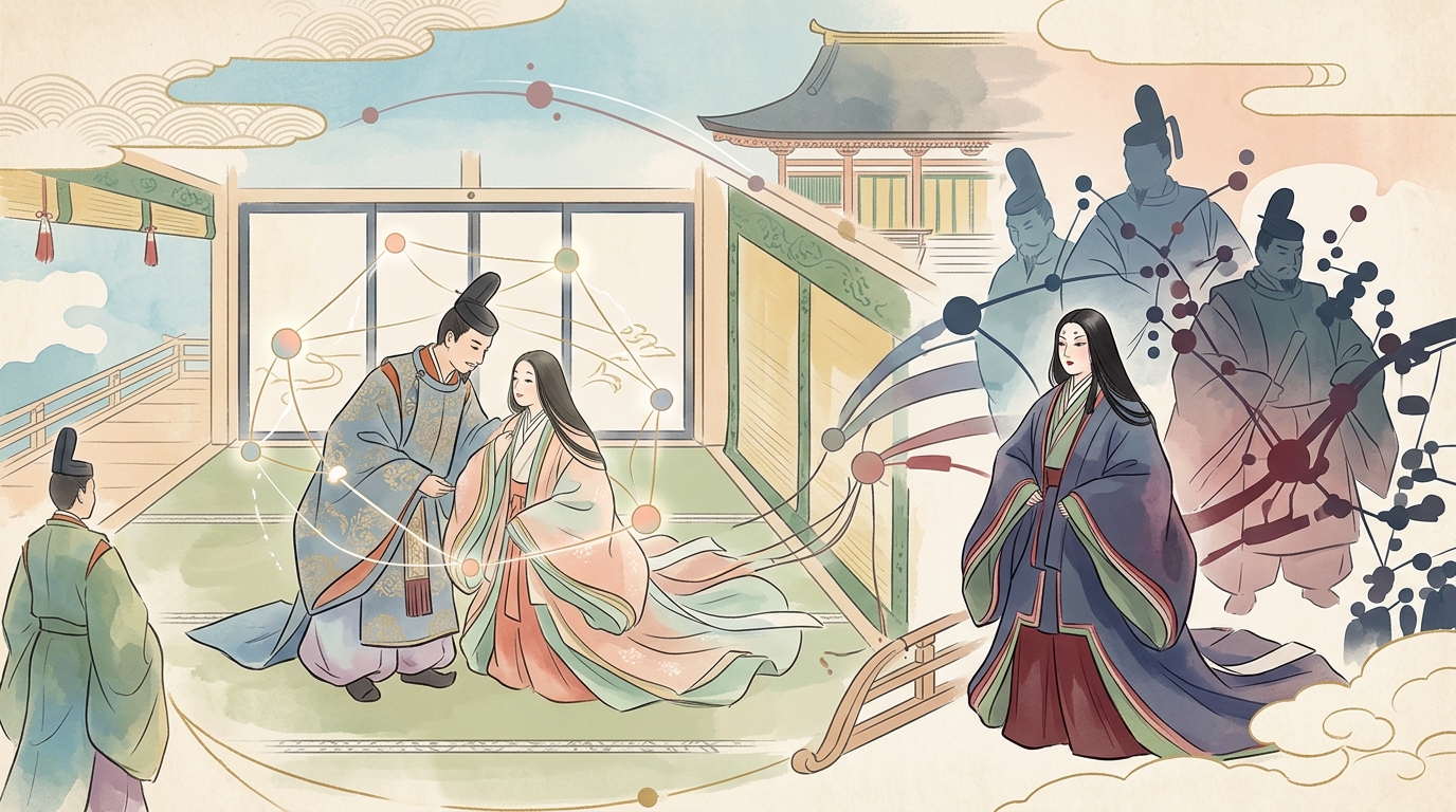 桐壺更衣をめぐる寵愛と弘徽殿女御の対立構造相関図イラスト