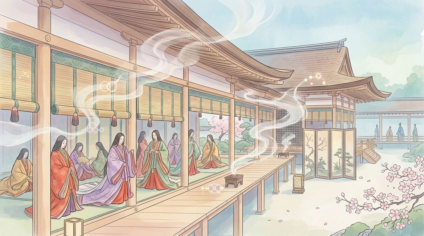 平安宮廷の御簾と華やかな女御・更衣たちの情景イラスト