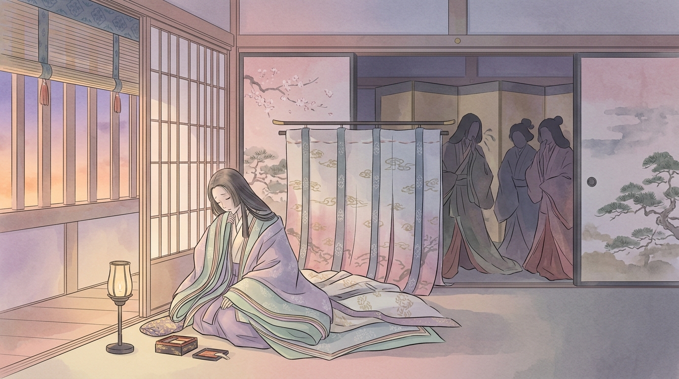 弘徽殿女御たちの嫉妬と病に伏す桐壺更衣の悲哀を描いたイラスト