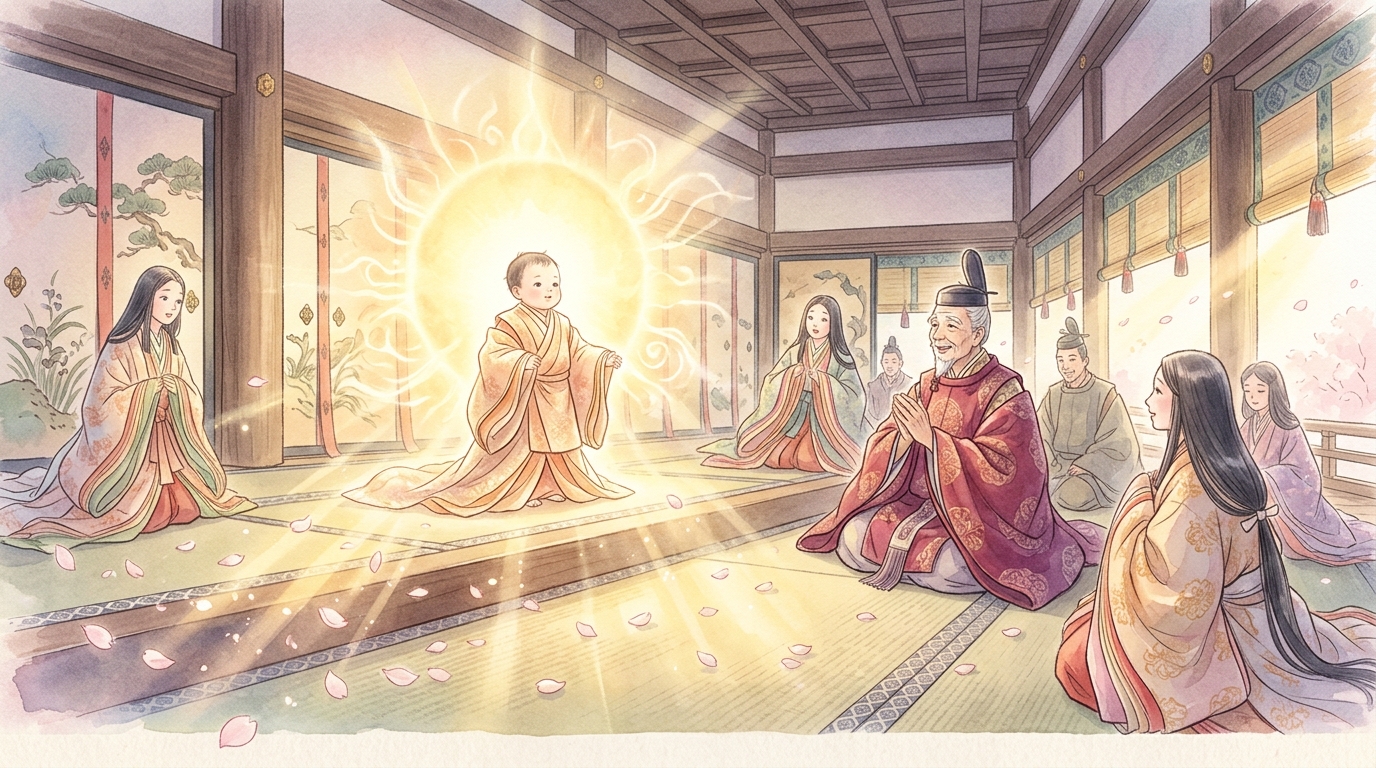 太陽のように光り輝く赤子(光る君)の誕生を描いたイラスト