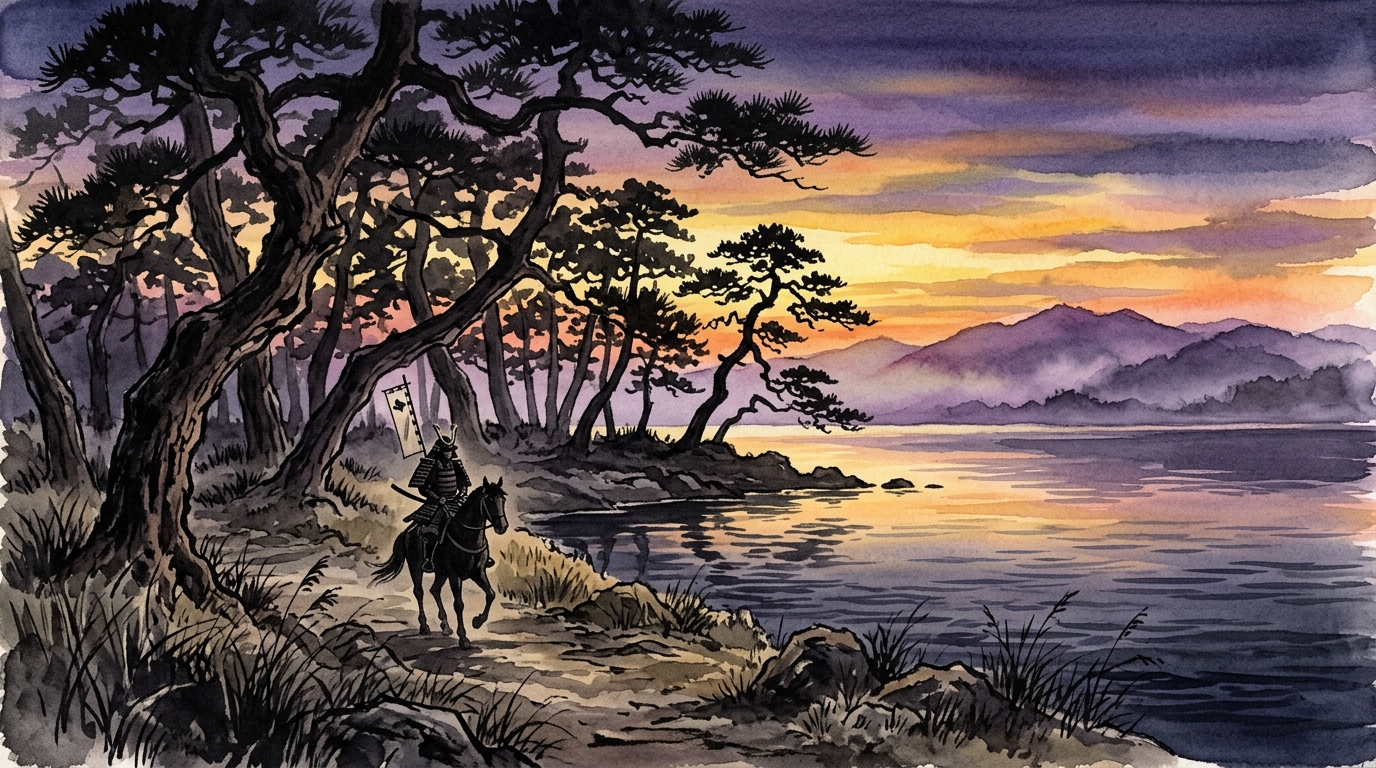 夕暮れの琵琶湖と粟津の松原に漂うもののふの美学と哀愁を描いた風景イラスト