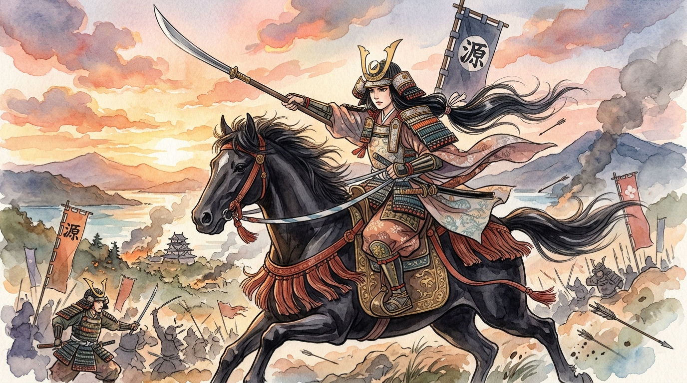 薙刀を手に敵武者を圧倒し涙の別れを告げる女武者・巴御前のイラスト