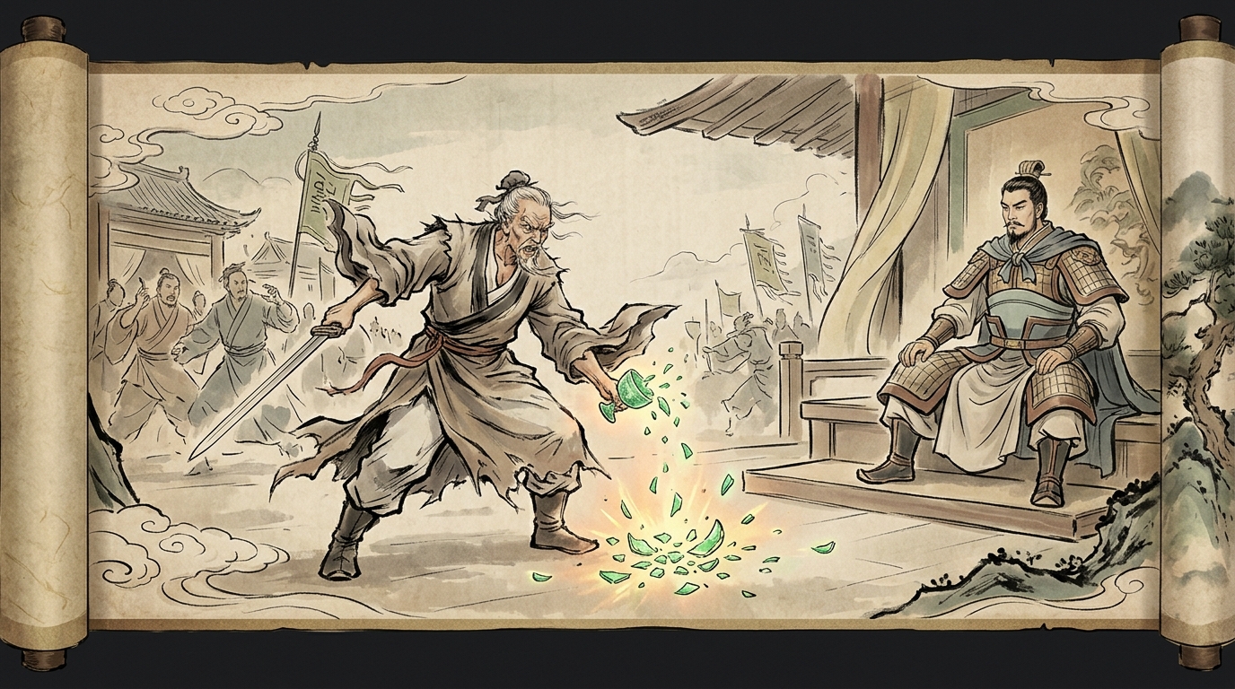 范増が玉斗を地面に叩きつけ剣で粉砕し激怒する場面イラスト