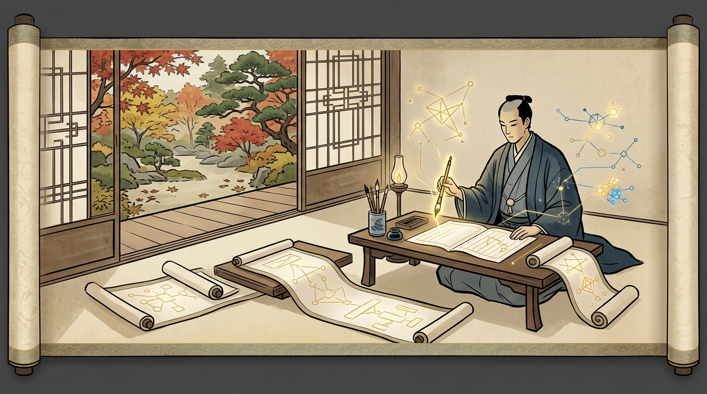 記述問題で満点を取るための減点防止勉強法を表す和風学習机イラスト
