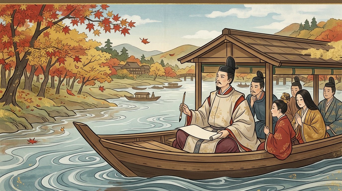 和歌の舟の上で筆を持ち即興で和歌を詠む藤原公任のイラスト
