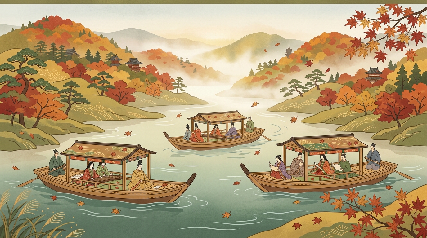 大堰川の紅葉流れる川面に浮かぶ和歌漢詩管弦の三船の情景イラスト