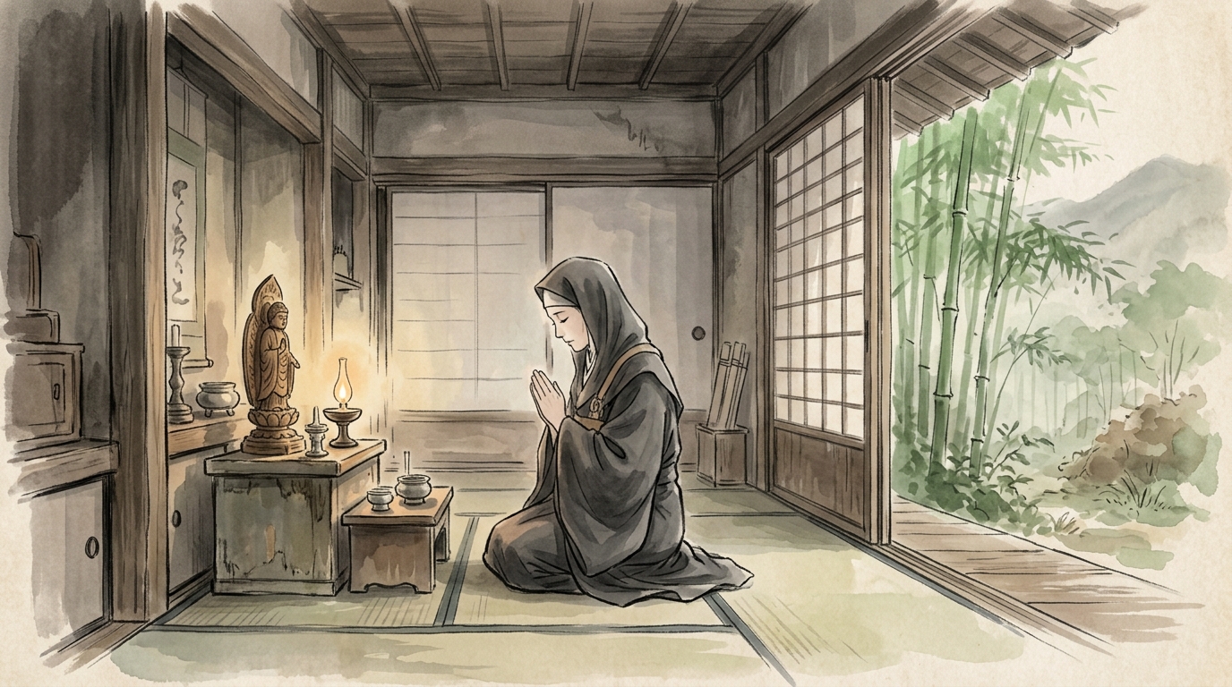 大原の山里と寂光院で祈る建礼門院徳子の姿を描いたイラスト