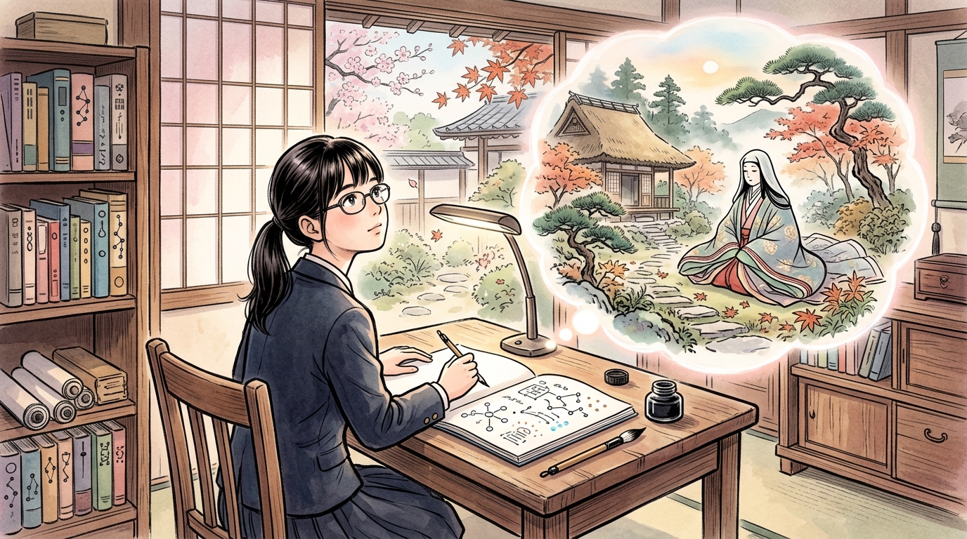 大原御幸の六道語り読解と記述問題に向き合う高校生を描いたイラスト