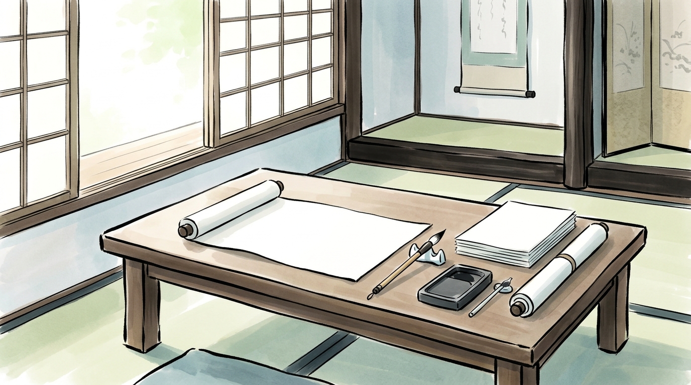 重要古文単語と漢字の読み書きテスト演習用紙を描いたイラスト