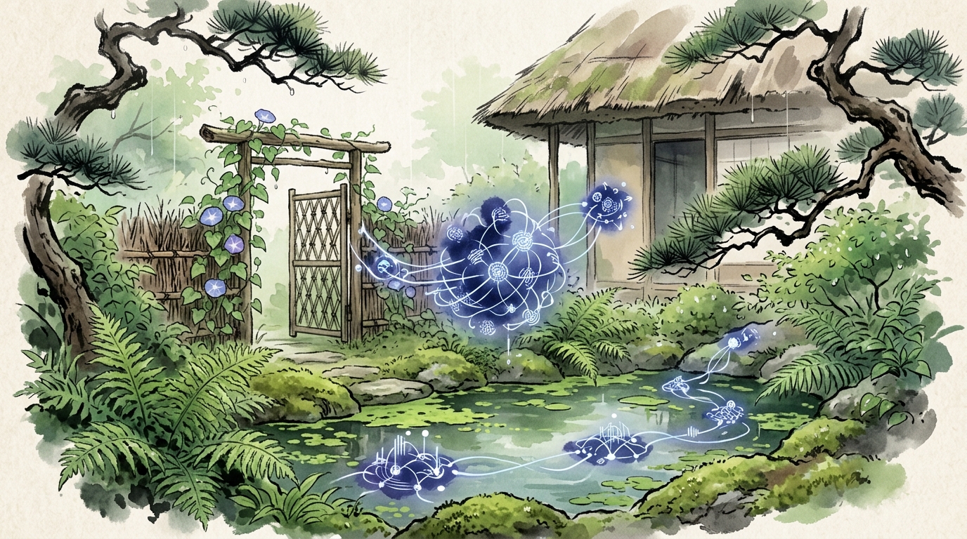 池の汀の浮き草や忍ぶ草が醸し出す大原寂光院の侘住まいを描いたイラスト