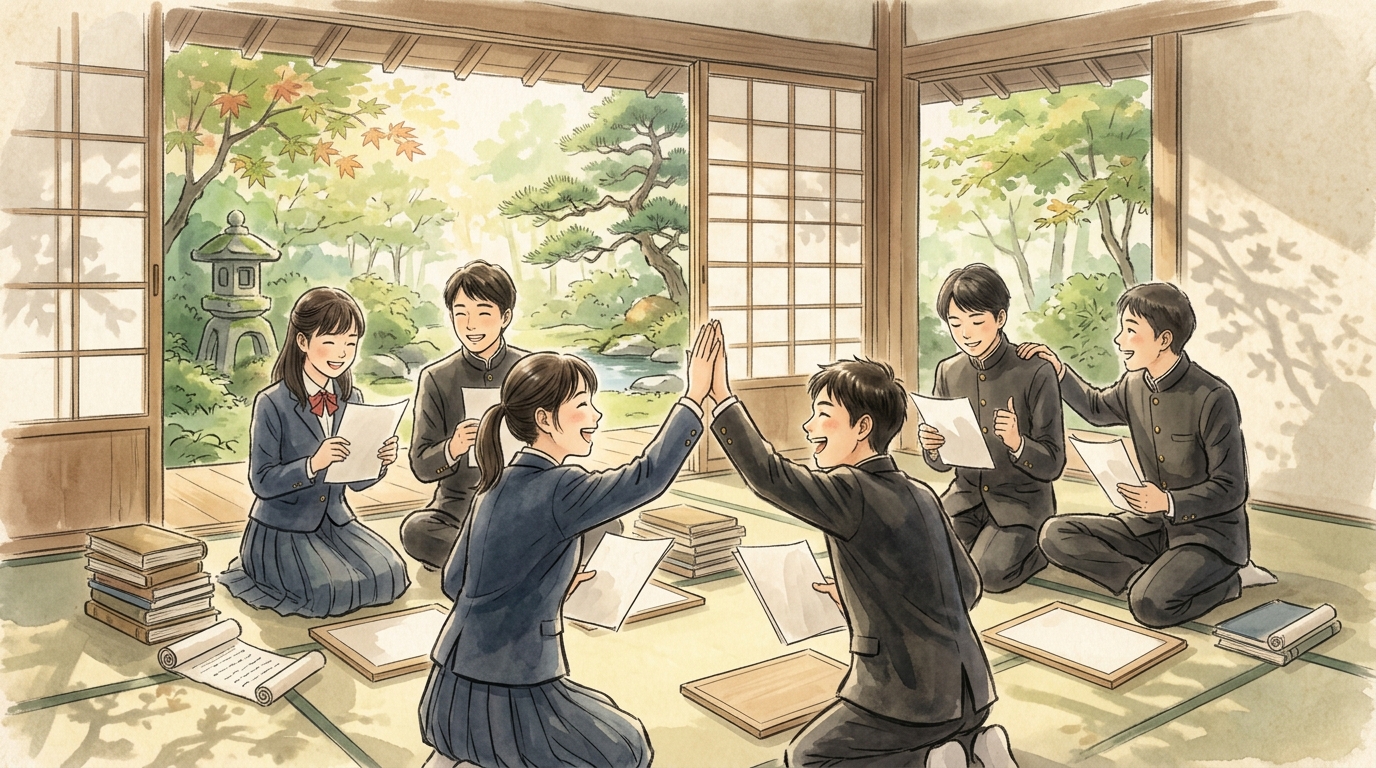 大原御幸をマスターして定期テスト満点を喜ぶ生徒たちを描いたイラスト