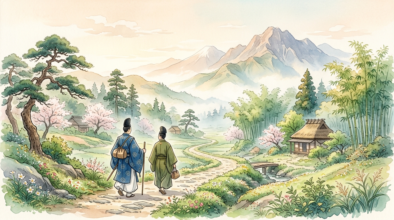 伊勢物語第九段東下りで旅装束を身にまとい東海道を進む平安貴族一行の情景