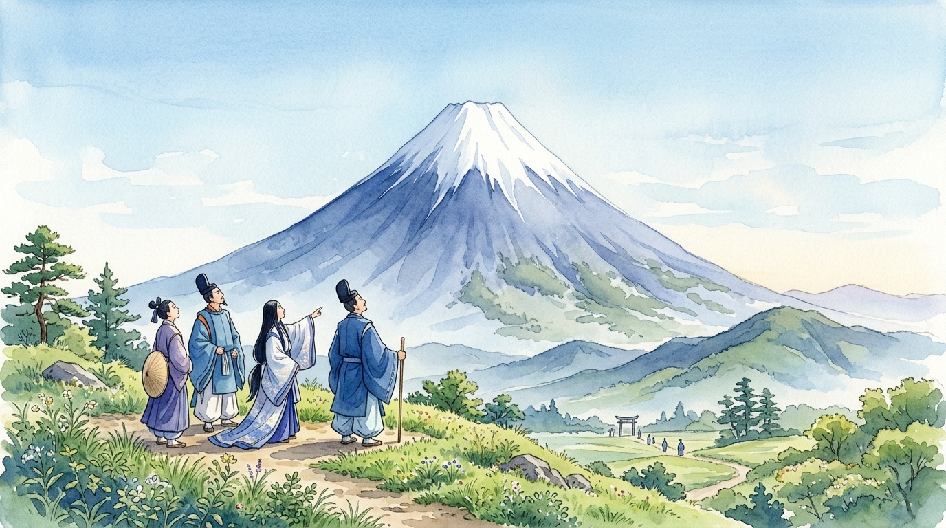 五月（真夏）なのに山頂に純白の雪を戴く雄大な富士山を見上げる旅人たち