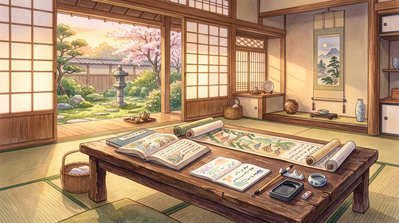 夕暮れの書斎で伊勢物語の絵巻と古典ノートを開いて学習する情景