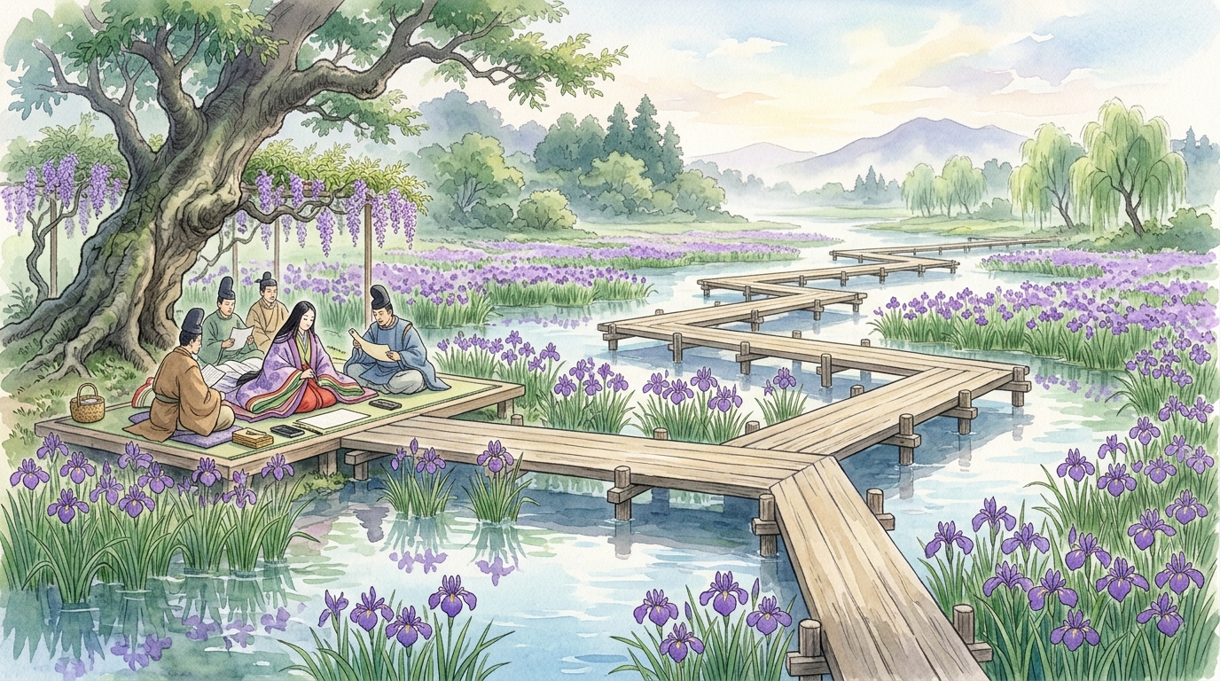 三河国の八橋で美しく咲き誇るかきつばたの花と木陰で和歌を詠む貴族たち