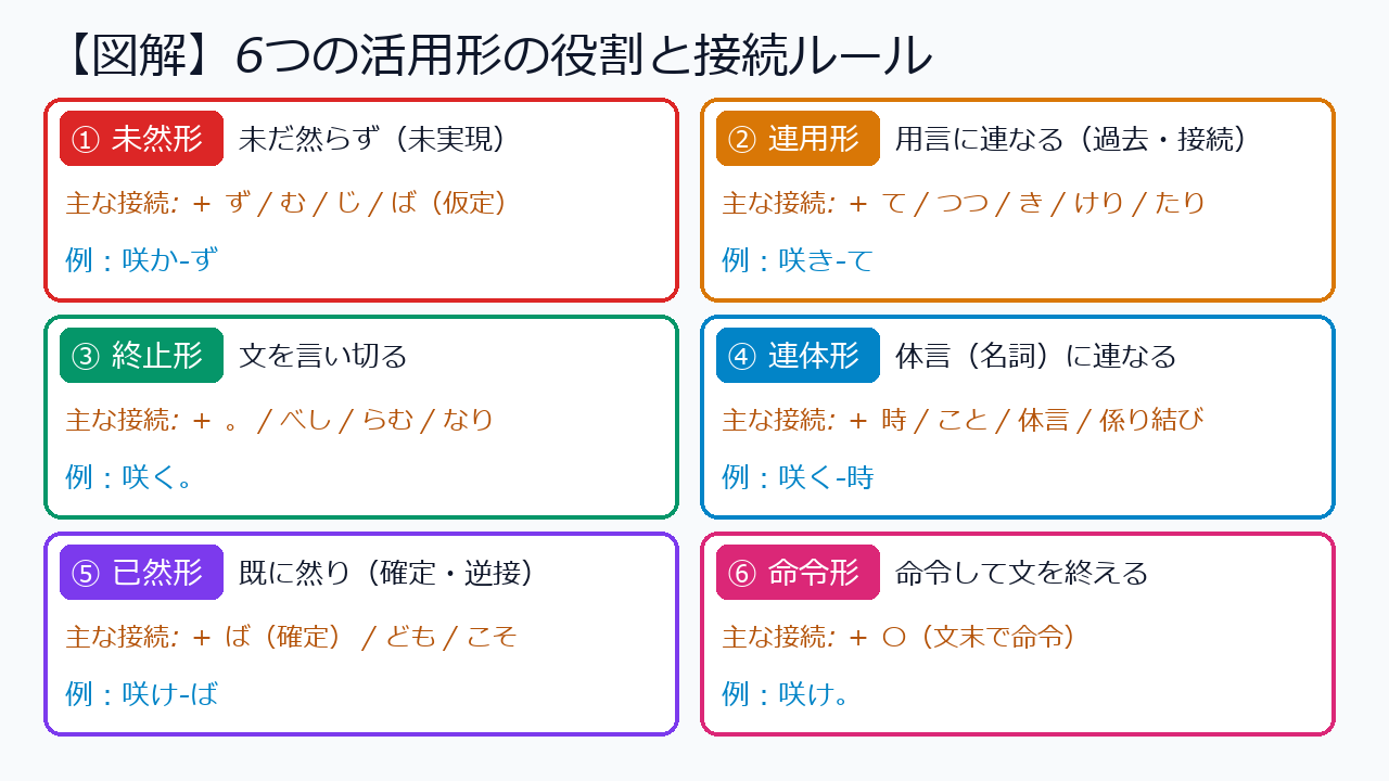 古文の6つの活用形の役割と意味のまとめ図解