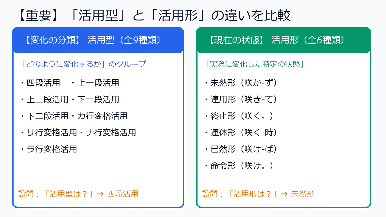 動詞の9つの活用型と活用形の違いを解説した比較図解