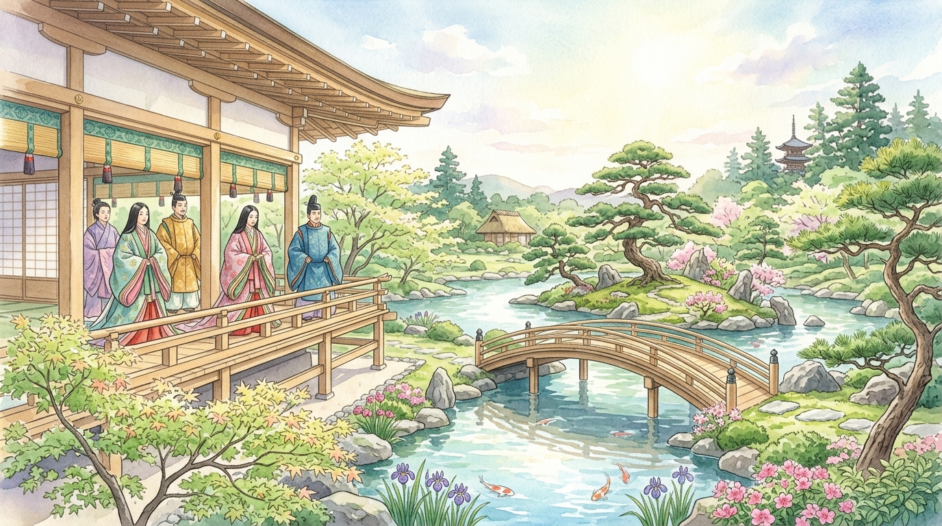 理想的な美しい庭園を眺めながら優雅に語り合う平安貴族たち