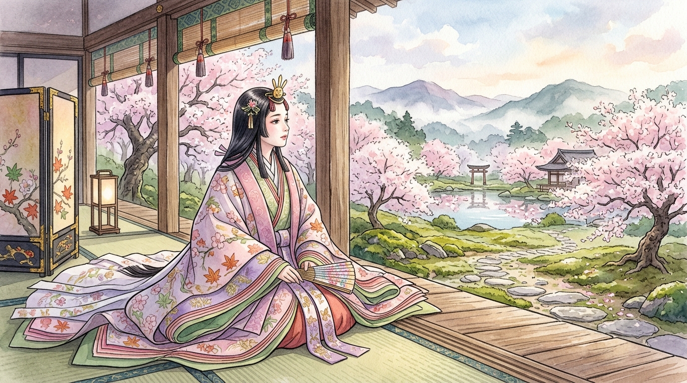 春の庭園を見つめ遠くの都や想い人に心を馳せる平安貴族の姫君