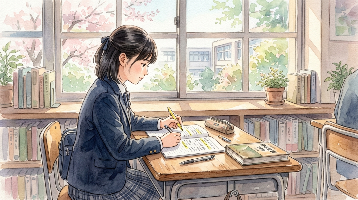 教室の机で願望表現をノートに色分けして熱心に勉強する女子高校生