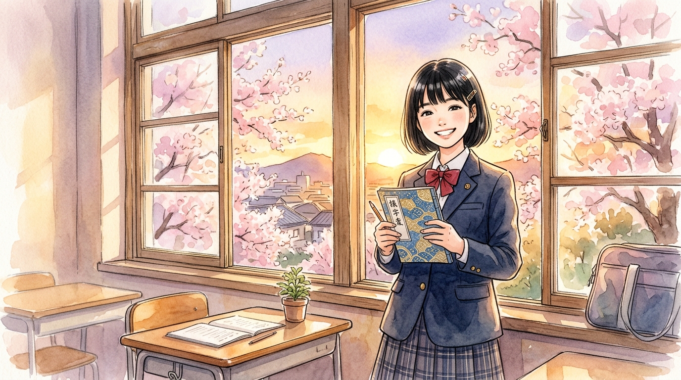 夕暮れの教室で古典ノートを手に自信に満ちた笑顔を見せる女子高校生