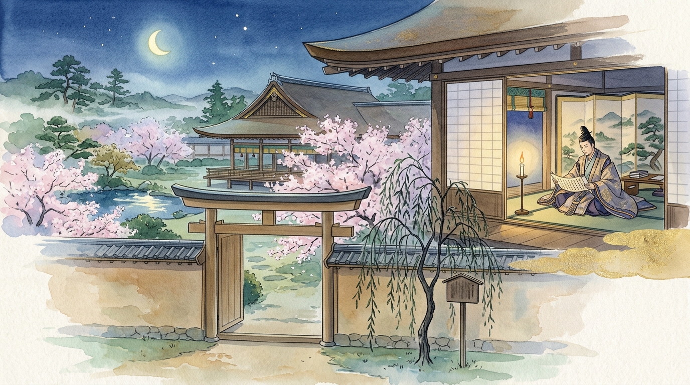月夜の寝殿造り邸宅で門に物忌みの札を掲げ屋敷の中で読経する平安貴族の情景