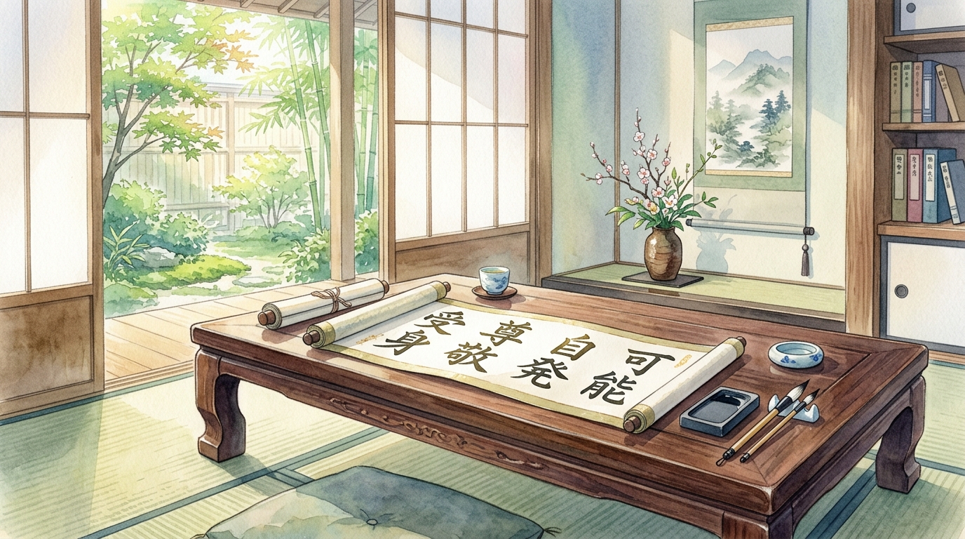 書斎で机の上のるらるの4つの意味が記された巻物を静かに学ぶ情景