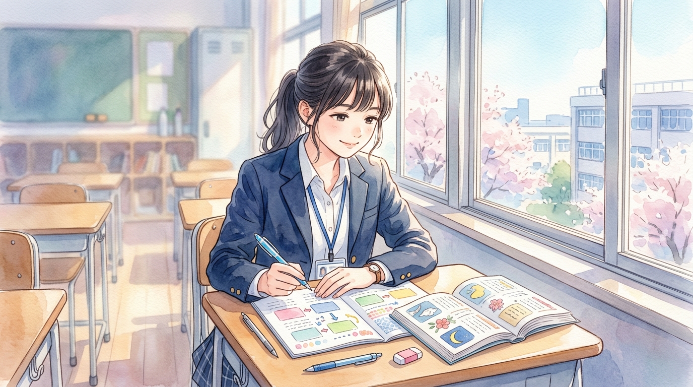 教室でるらるの識別ノートを色分けして熱心に勉強する女子高校生