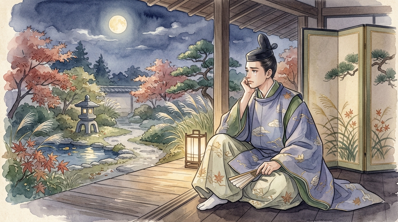 秋の月夜に縁側で遠くの想い人を自然と思い出し物思いに耽る若き貴族