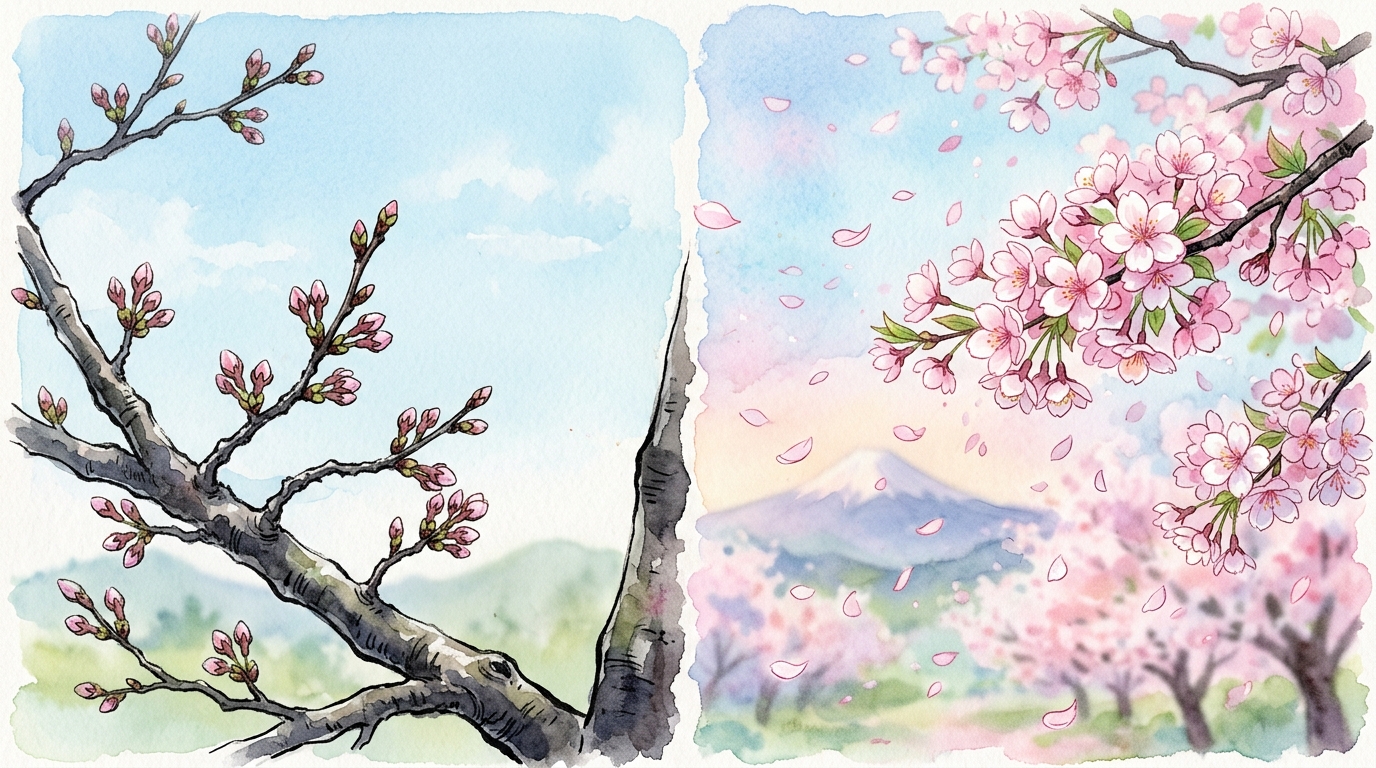 咲く前の桜の蕾の仮定と満開の桜の花の確定の自然対比図解