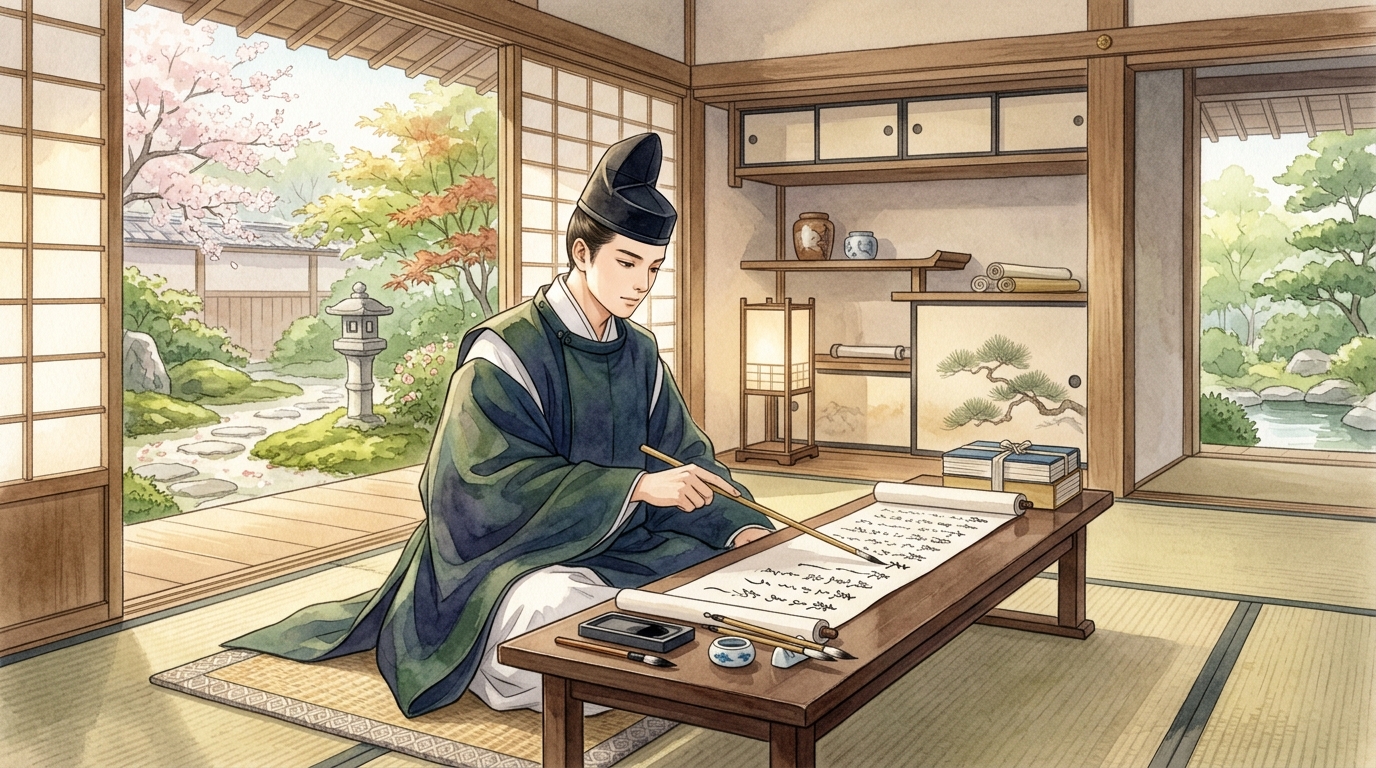 書斎で机の上の巻物を指差しながら論理のつながりを考察する若き貴族