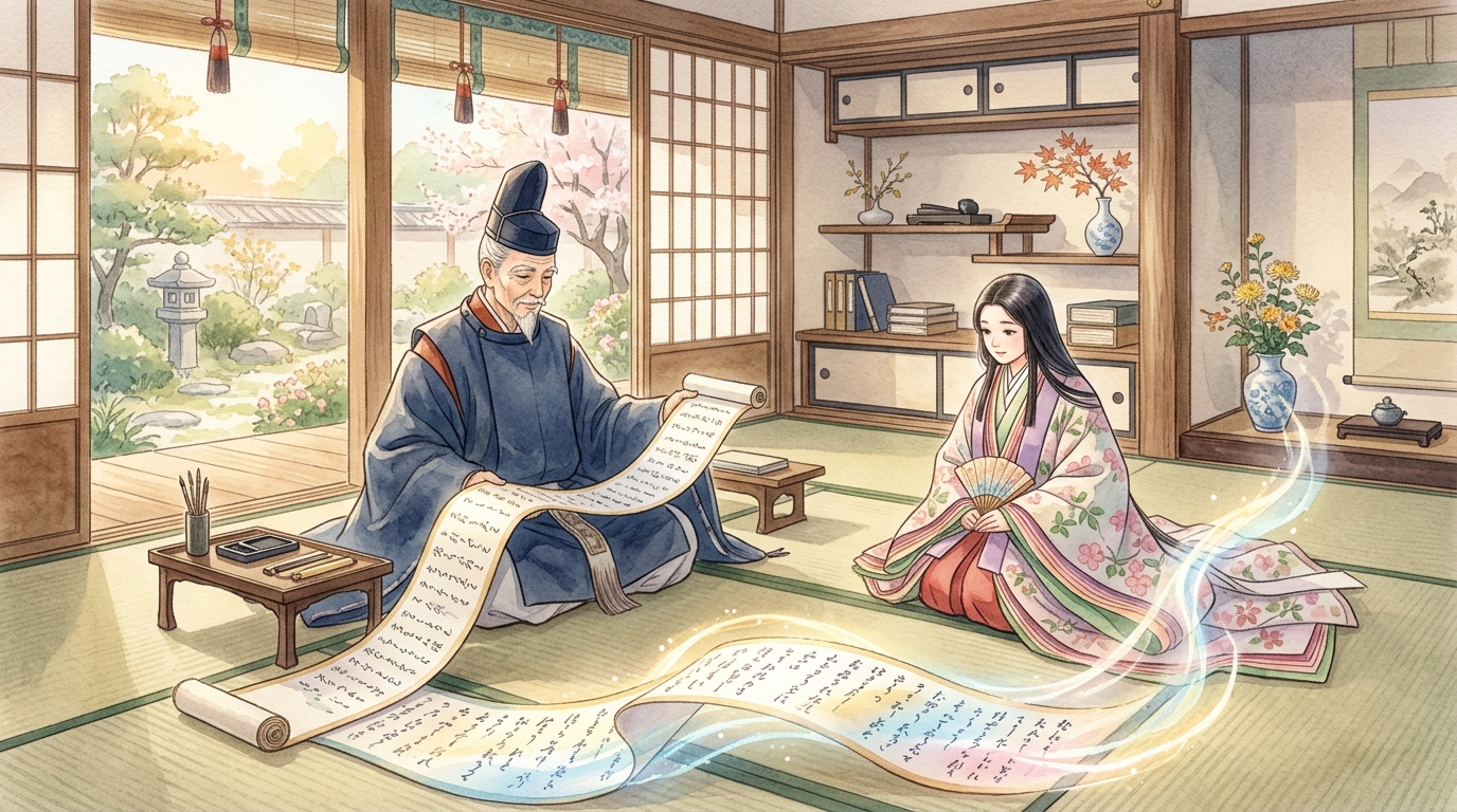 和歌の巻物を広げて文と文のつながりを読み解く平安貴族の学者と姫君