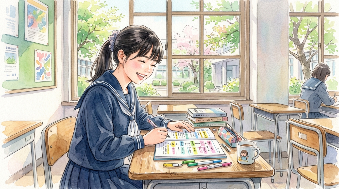 教室で接続助詞の分類と主語判定のまとめノートを笑顔で学習する女子高校生