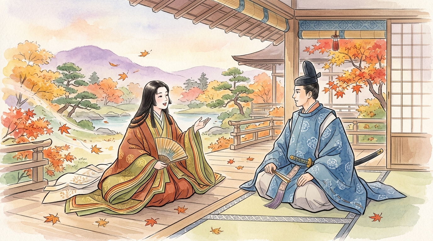 寝殿造りの縁側で秋の紅葉を背景に対話する平安貴族の男女