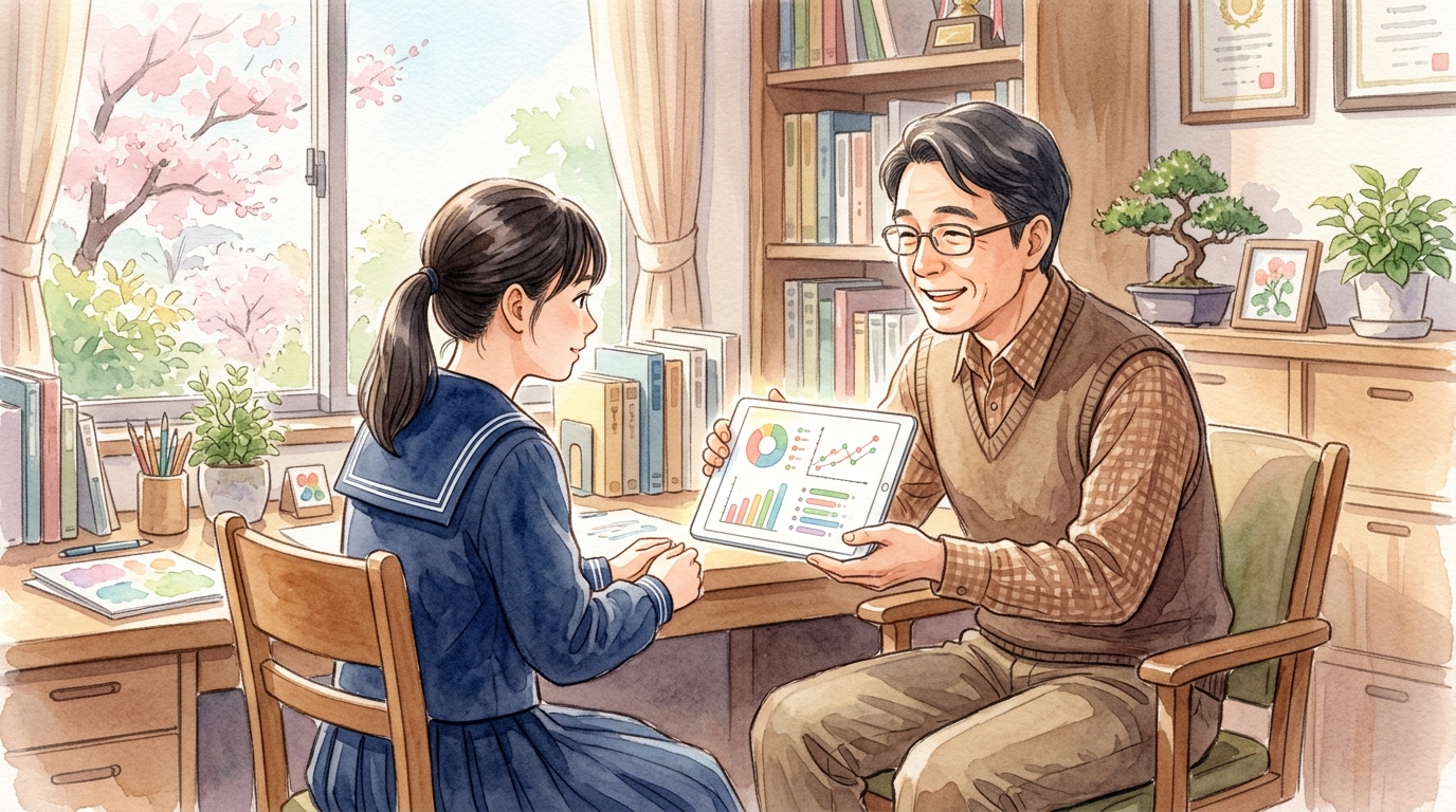 面談室で先生が生徒に学習進捗グラフを見せながら優しく励ましアドバイスをする情景