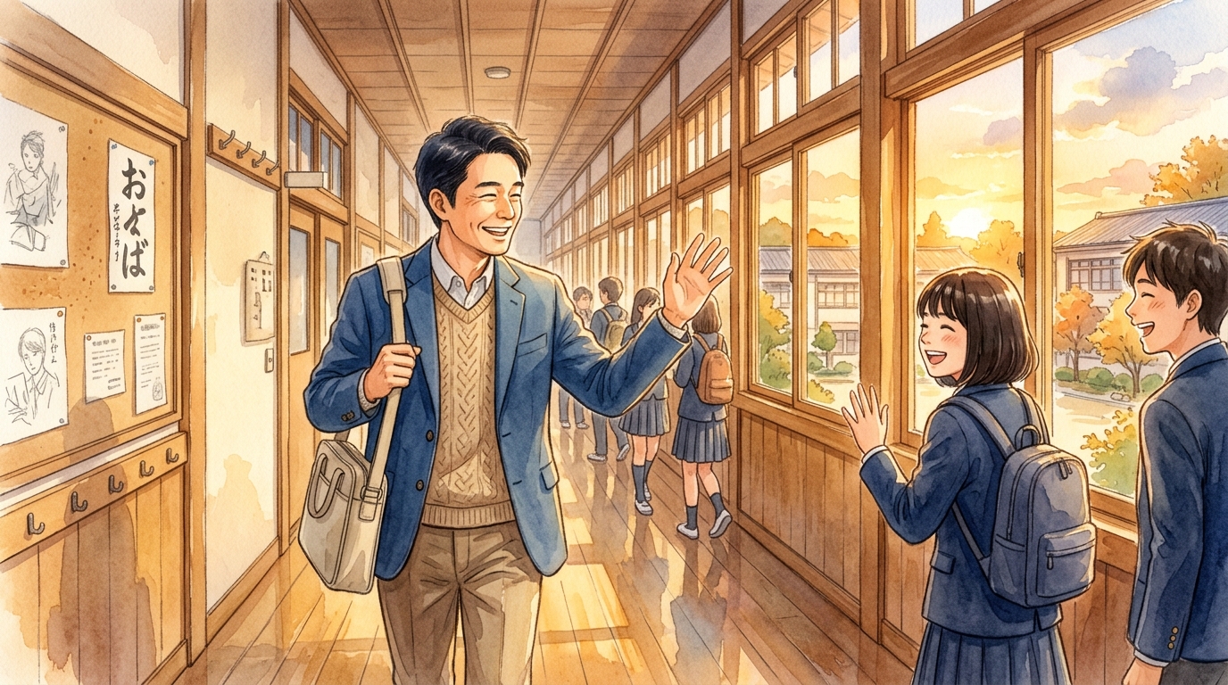 夕暮れの廊下で生徒たちと笑顔で挨拶を交わしながら定時退勤する教員の温かい情景