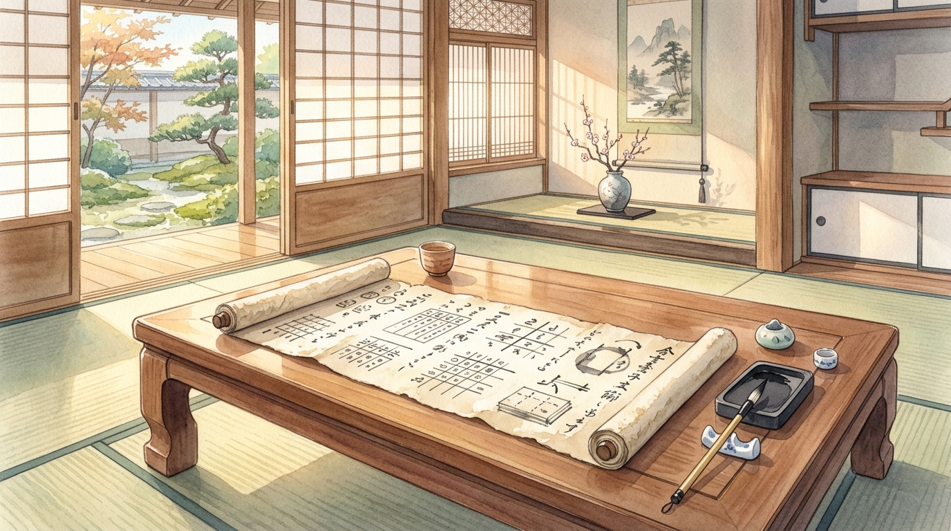 書斎の机に広げられた古典文法の活用表と筆の静かな学習情景
