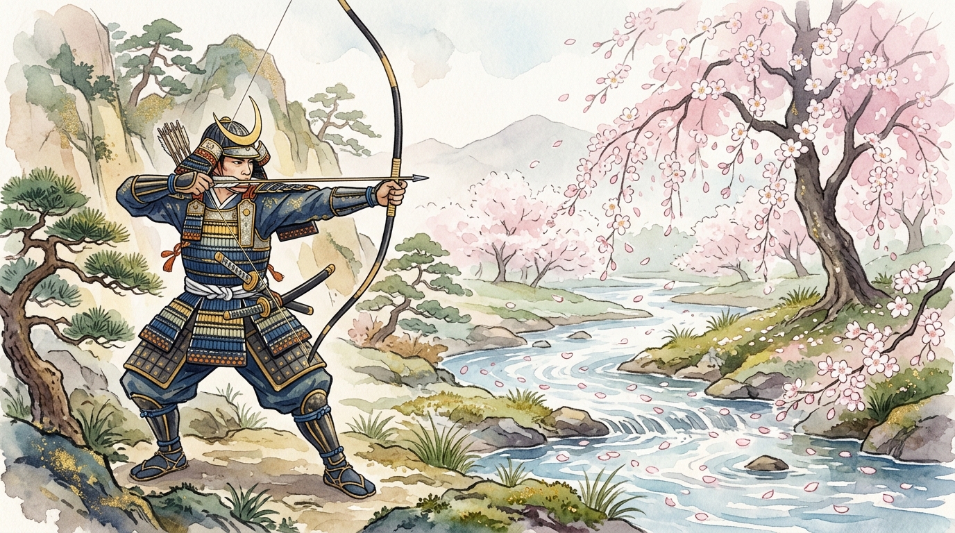 弓を引く武士の作為的動作と川に散る桜の花びらの自然推移の対比図解