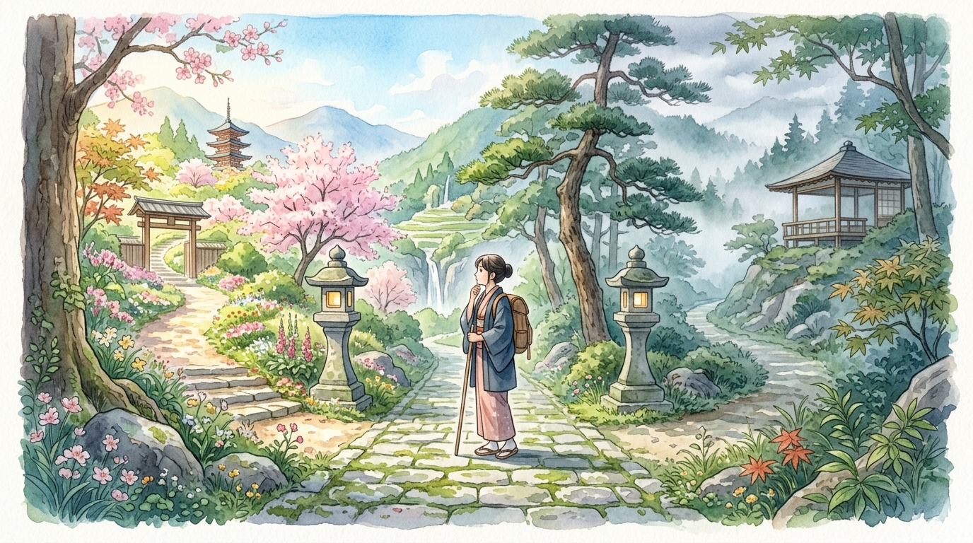 古典の山道で二つの石灯籠に照らされた分岐路を見つめる旅人の情景