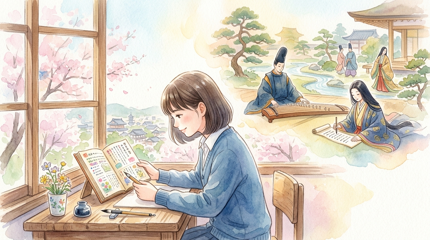 窓辺で古文の教科書を開き平安の世界を想像しながら学習する女子生徒