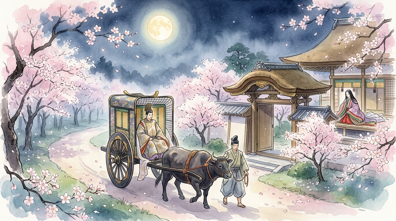 満月の夜に牛車に乗って想い人の屋敷へと通う平安時代の貴族の男性