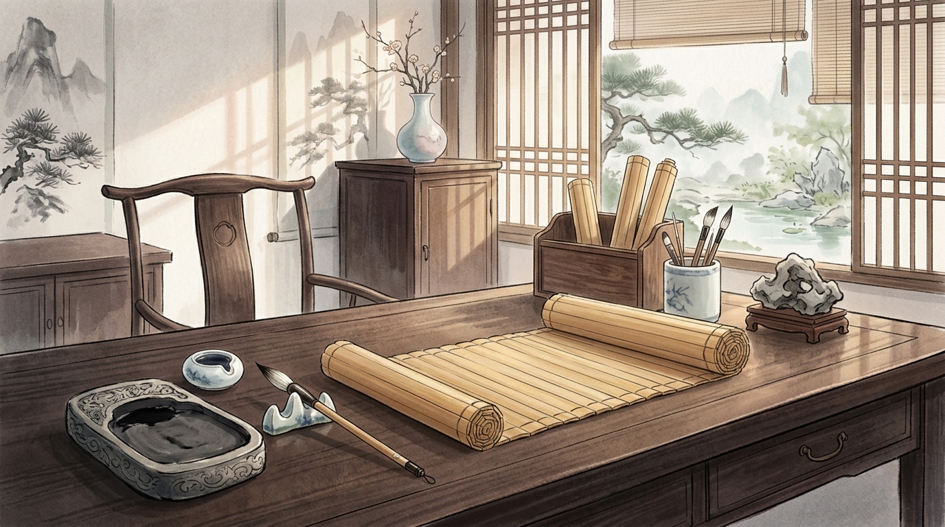 古代中国の書斎机と竹簡の書物を描いたイラスト