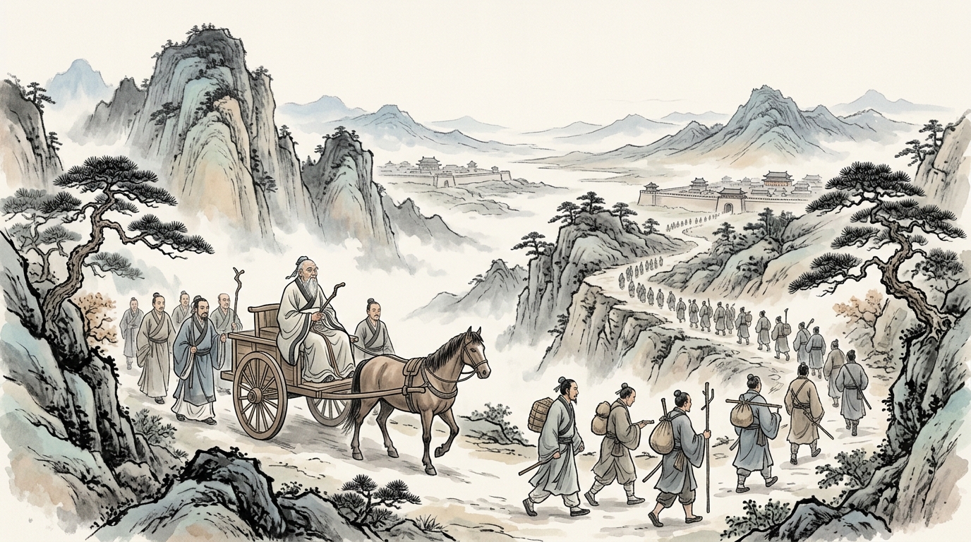 春秋の乱世を馬車で巡る孔子一行の諸国周遊を描いたイラスト